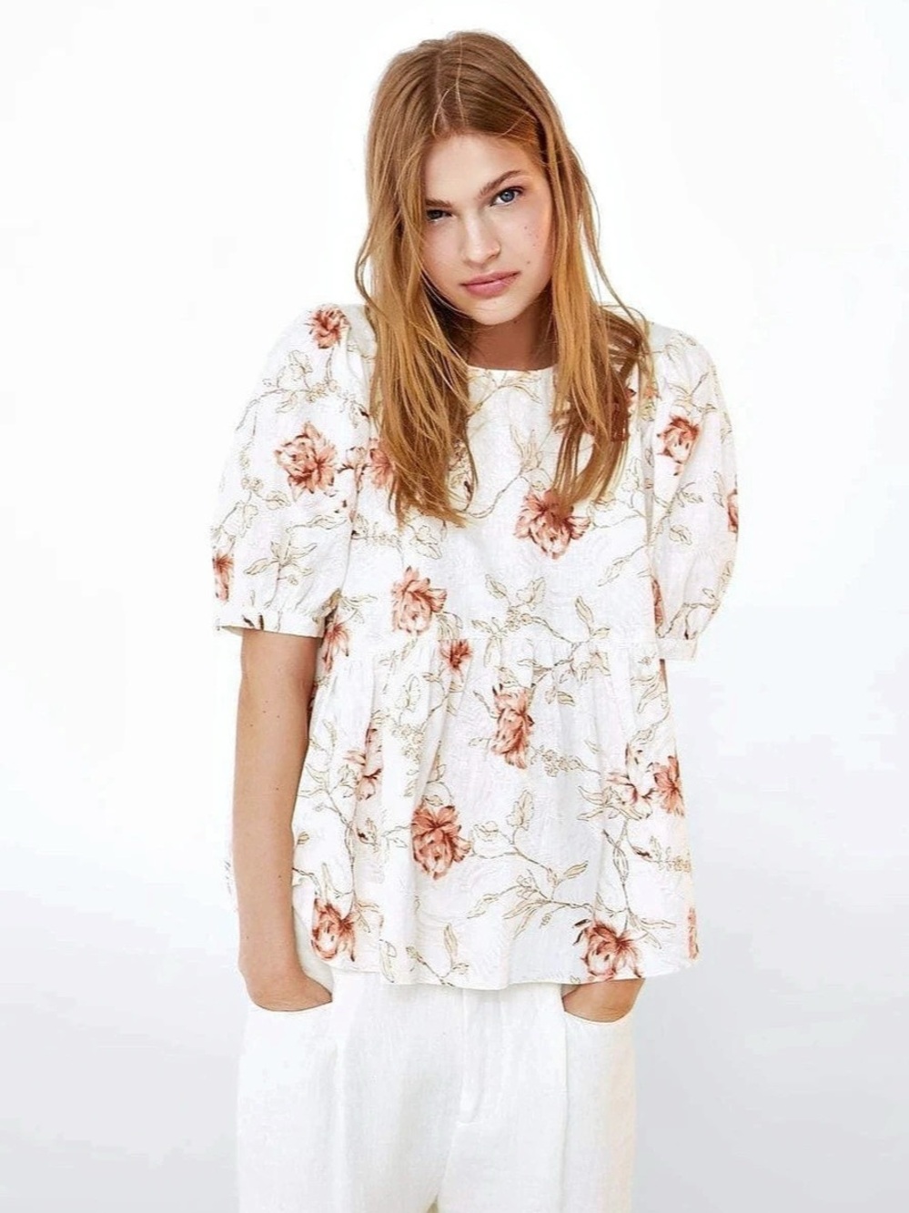 Zara Floral Puff Sleeve Peplum Top White & Pink Size Medium